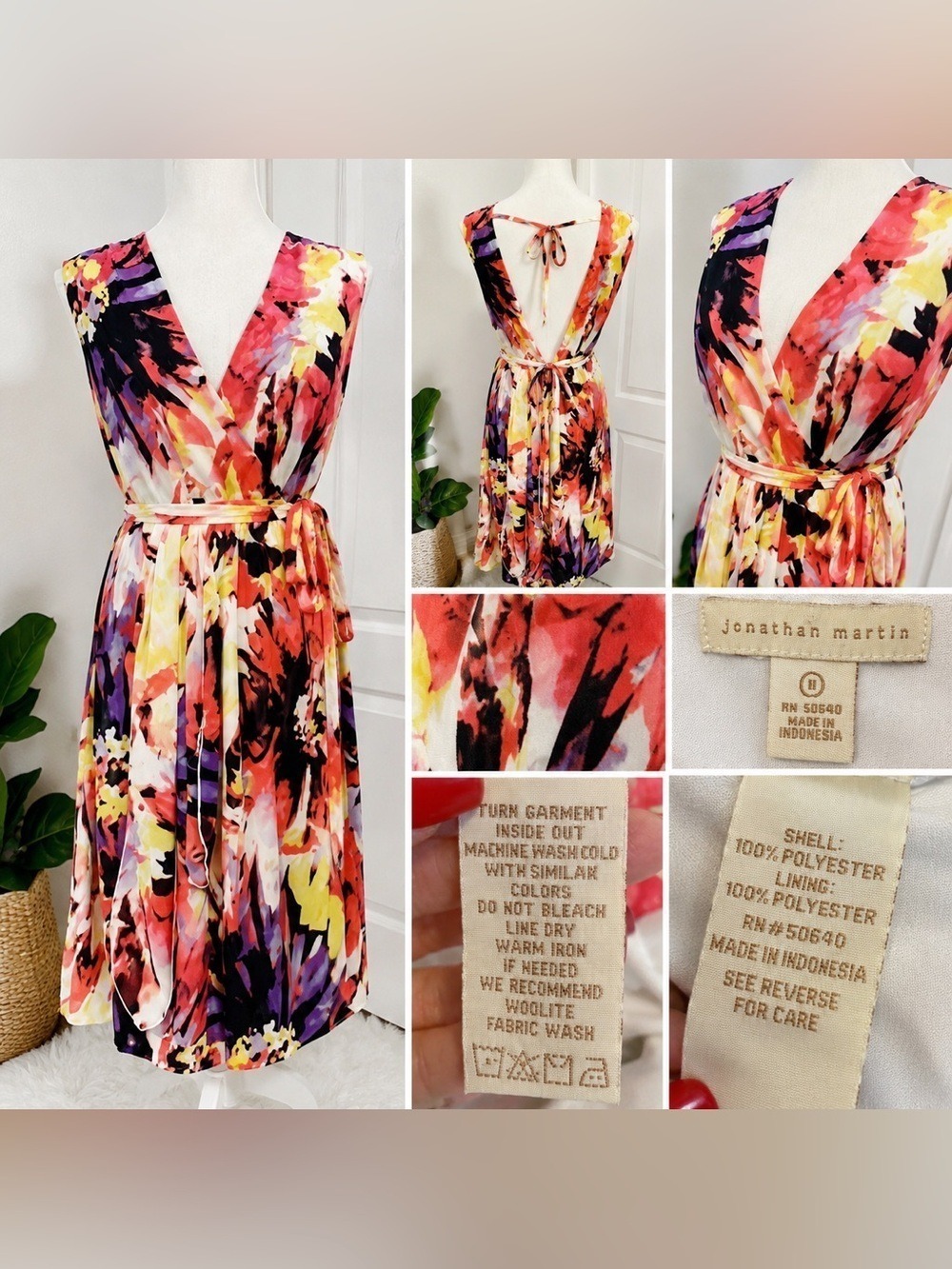 Jonathan Martin Floral Faux Wrap Dress Size 11 Tie Waist Sleeveless Midi